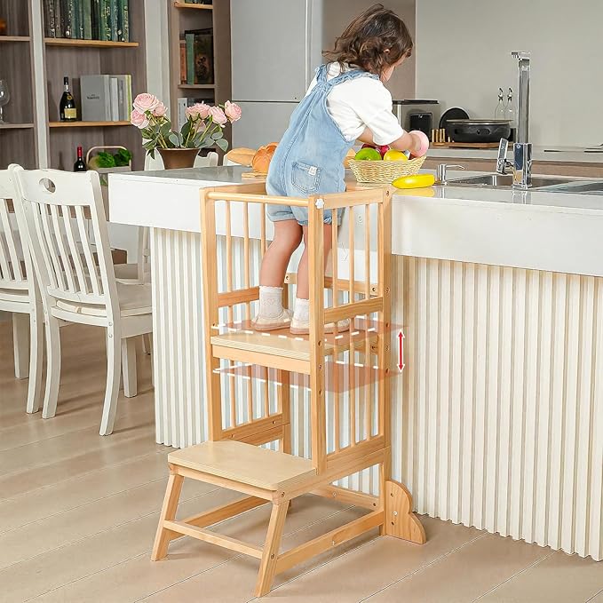 Toddler Tower, Kids Kitchen Step Stool with Safety Rails, Toddler Standing Tower Adjustable Height, Wooden Kitchen Stool for Kids, for Living Room Countertops and Bathroom Sinks(Natural)
