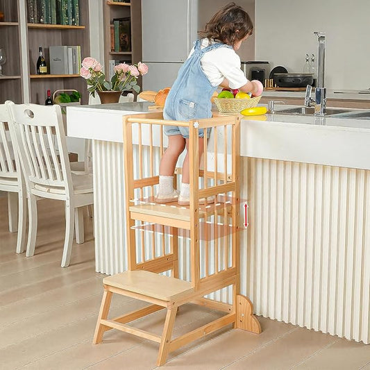 Toddler Tower, Kids Kitchen Step Stool with Safety Rails, Toddler Standing Tower Adjustable Height, Wooden Kitchen Stool for Kids, for Living Room Countertops and Bathroom Sinks(Natural)