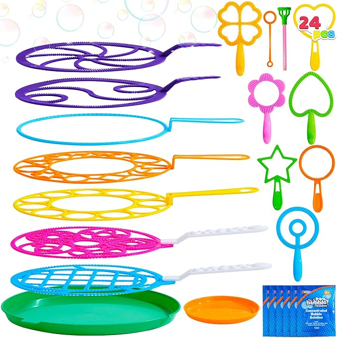 JOYIN Big Bubble Wands Set Bulk for Kids Summer Outdoor Toy Game Activity Party Favors, 18 Pcs Giant Bubble Maker with Tray, 12" Large, 6 Pcs Solution Suitable for All Age People
