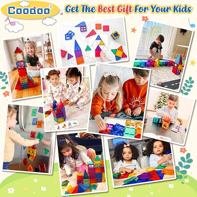 Coodoo 60 PCS Magnetic Building Tiles Kids Toys STEM Magnetic Blocks Sensory Toys Kids Games Magnet Building Toy for Boys and Girls Aged 3+, Kid Brain Development Preschool Kindergarten Toddler Toy