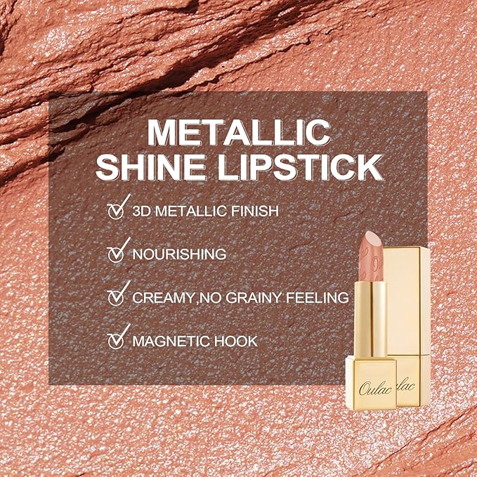 Oulac Matte Nude Lipstick with Glow Metallic Finish - Vegan Lipstick for Women, Creamy Texture, Hydrating Clean Beauty Formula, High-End Magnetic Hook Design, GM14