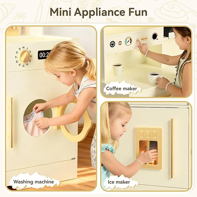 Play Kitchen for Toddlers with Felt Storage Boxes & Range Hook, Wooden Kids Kitchen Playset with Oven, Microwave, Ice Maker, Toy Kitchen Set with Coffee Maker for Girls & Boys Age 3+, Yellow Curtains