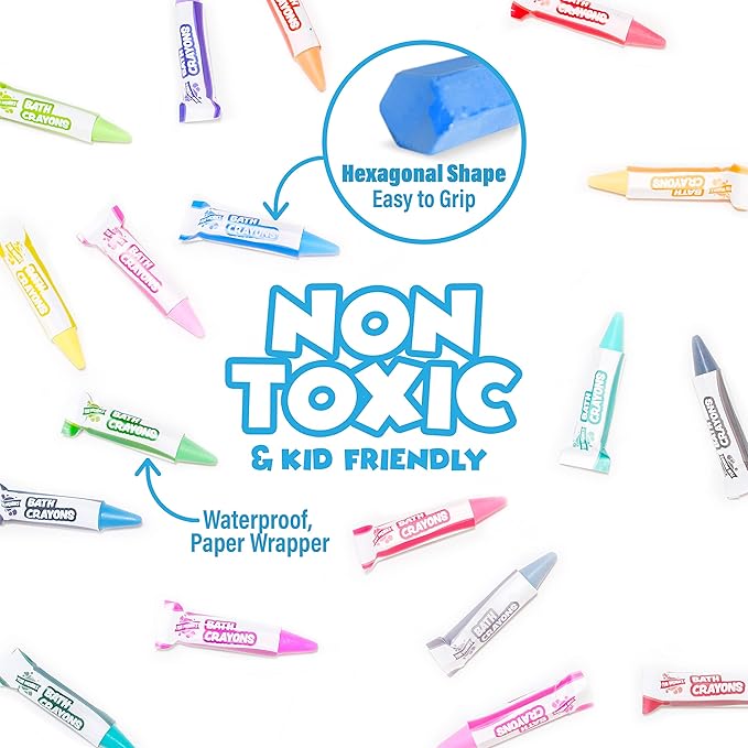 Tub Works® Smooth™ Bath Crayons Bath Toy, 24 Pack | Nontoxic, Washable Bath Crayons for Toddlers & Kids | Unique Formula Draws Smoothly & Vividly on Wet & Dry Tub Walls | Hexagon Grip Bathtub Crayons