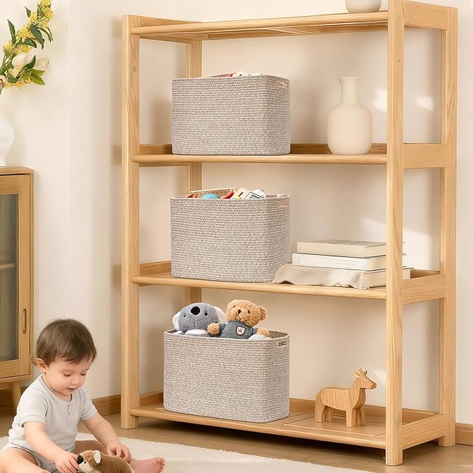 3 Pack Cube Storage Bin, 17”x12”x12” Cotton Rope Woven Baskets for Organizing Toys Clothes Towels, Square Gift Storage Baskets for Shelf, Nursery, Closet, Bathroom, Pantry (Jute)