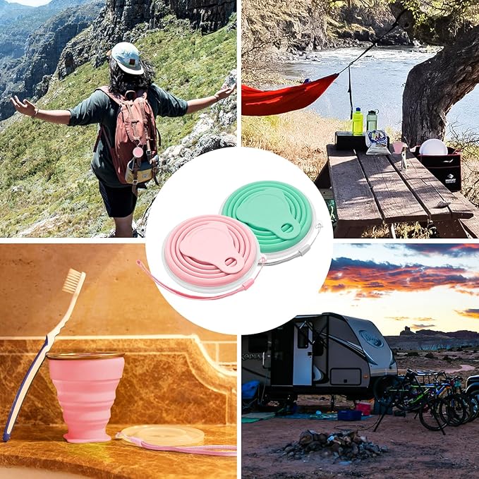 Litoexpe 2 Pack Silicone Collapsible Travel Cup Portable Folding Camping Cup Sets with Lids, Pink & Green, Capacity 9.22oz (270ml)