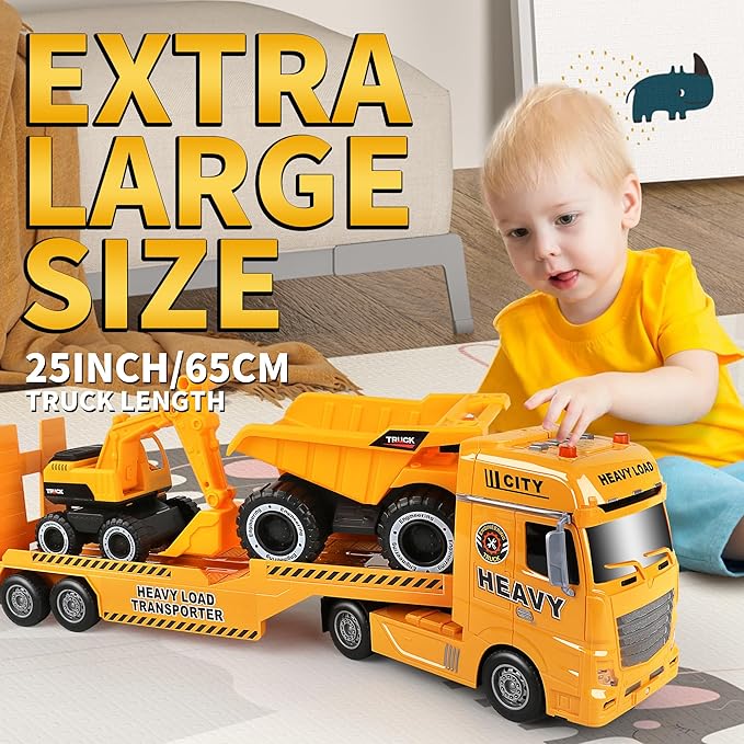Dwi Dowellin Construction Carrier Truck Kids Toys,25.6" Semi-Trailer Toy with Excavator and Dump Truck,Gifts for Age 3 4 5 6+ Years Old Boys Girls