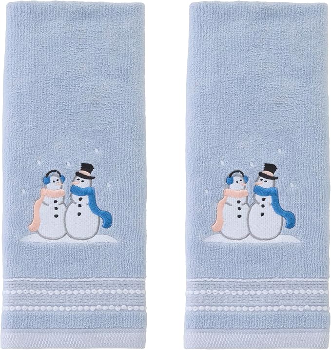 SKL Home Christmas/Winter Glitz Snow Couple 100% Cotton Embroidered 2pc Hand Towel Set, Decorative for Bath/Kitchen/Bar, Light Blue
