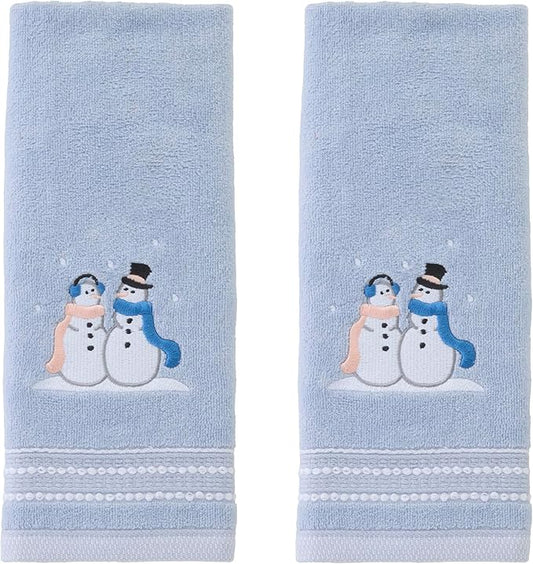 SKL Home Christmas/Winter Glitz Snow Couple 100% Cotton Embroidered 2pc Hand Towel Set, Decorative for Bath/Kitchen/Bar, Light Blue