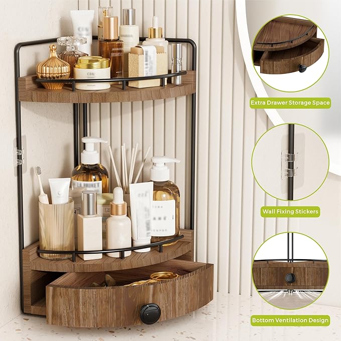 2-Tier Corner Bathroom Counter Organizer with Drawer & Embedded Screw Holes - Wooden Countertop Organizers for Skincare, Makeup Storage, Bathroom Sink Counter Shelf for Vanity, Dark Brown