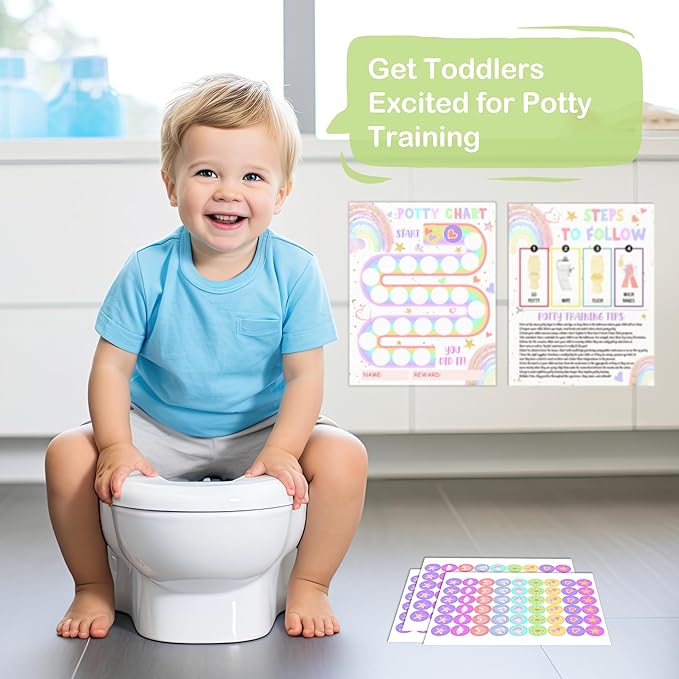 Potty Training Chart, 10 Potty Training Reward Chart for Toilet Success, 8"x10" Boho Rainbow Routine Calendar with Stickers for Toddler Girls - A11