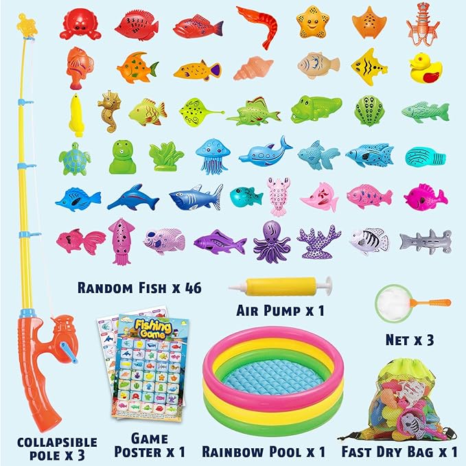 CozyBomB™ Magnetic Fishing Toys Game Set for Kids | Water Table Bathtub Kiddie Pool Party Pole Rod Net, Outdoor Plastic Floating Fish, Toddler Bath Color Ocean Sea Animals Birthday Gift Age 3-5 6 4-8
