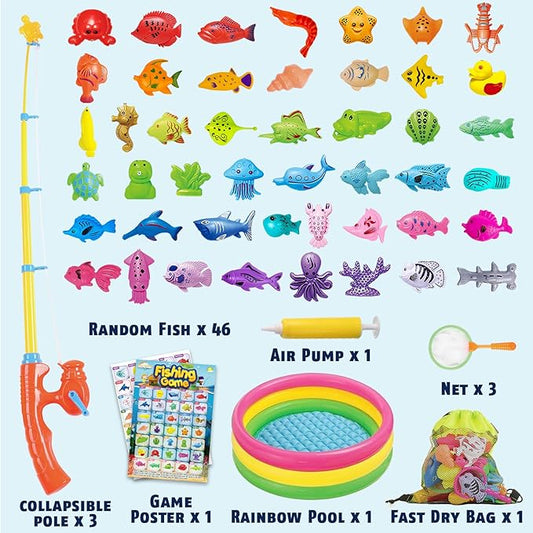 CozyBomB™ Magnetic Fishing Toys Game Set for Kids | Water Table Bathtub Kiddie Pool Party Pole Rod Net, Outdoor Plastic Floating Fish, Toddler Bath Color Ocean Sea Animals Birthday Gift Age 3-5 6 4-8