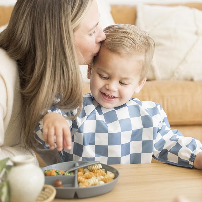 Tiny Twinkle Long Sleeve Bib for Babies & Toddlers – Waterproof Smock Bib for Eating – Machine Washable & Mess-Proof, Baby Feeding Essential & Shower Must-Have(Checkers Blue, 6–24M)