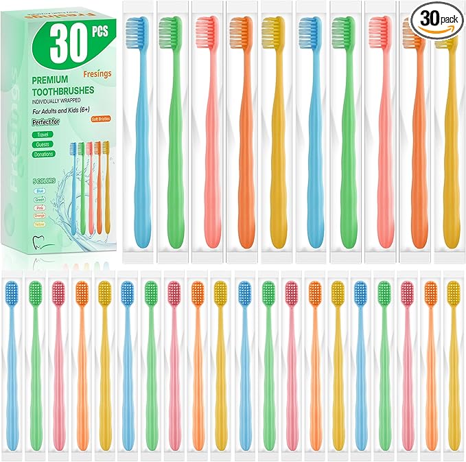 30 Pack Premium Disposable Toothbrushes Bulk – Individually Wrapped Soft Bristle Toothbrushes for Travel, Hotel Guest, Donation, Kids, Adults – Single Use, Family & Emergency Hygiene