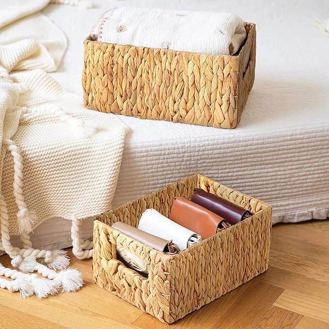 Greenatural Water Hyacinth Storage Baskets Set of 2, Handwoven Rectangular Organizer Trays with Built-in Handles in 2 Sizes, Nested Wicker Bins for Shelf, Bathroom, Kitchen, Office, Natural Decor