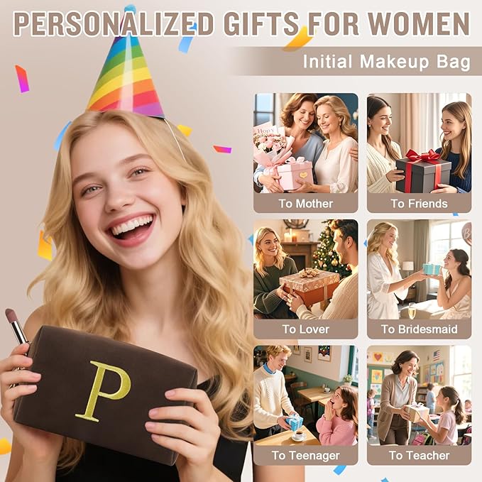 Personalized Initial Makeup Bag,Preppy Suede Cosmetic Bag for Teen Girls,Small Monogram Travel Toiletry Bag With Gold Embroidered Letter,Trendy Stuff Custom Christmas Gift for Women(Coffee-P)