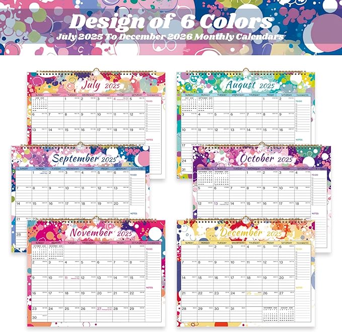 2025-2026 Wall Calendar, Calendar 2025-2026, 18 Month Calendar July 2025 - December 2026, 14.8" X 11.5", Calendar with Twin-Wire Binding, Hanging Hook and Julian Dates (Multi Colorful)