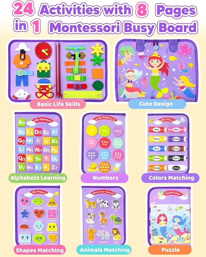 Busy Board Montessori Toys for Toddler Boy Girl Birthday Gifts, Busy Book Sensory Learning Toys for Toddlers, Educational Activities Airplane Car Travel Toy for Toddlers