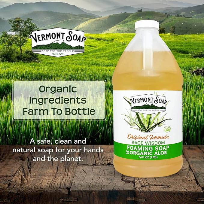 Vermont Soap Organic Sage Lime Wisdom Foaming Hand Soap - Natural Moisturizing Soap for Dry Skin - Fragrance Free Liquid Bathroom Hand Soap - Sage Lime Wisdom - 64 oz