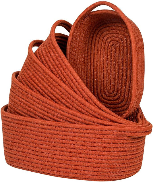 CubesLand Small Cotton Rope Storage Basket Set 5, Shelves Baskets for Organizing with Handle, Decorative Closet Storage Bins for Countertop Toilet Paper Basket for Toilet Tank Top,Rust Basket