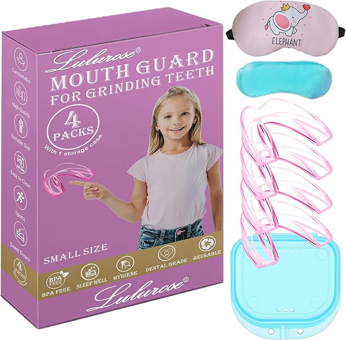 Kids Mouth Guard for Grinding Teeth, 4 Pack Moldable Night Guards Pink for Clenching Teeth | Comfortable Nighttime Protection Guard | Including Hygiene Case & Gel Ice Pack