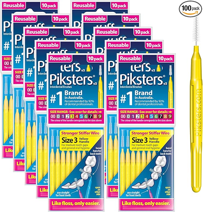 Piksters Interdental Brushes, Size 3, 100 Count (10 x 10 Packs), Interdental Tooth Brush for Medium Gaps, Gum Soft Bristles for Plaque Removal, Safe for Braces (100 pk)