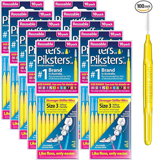 Piksters Interdental Brushes, Size 3, 100 Count (10 x 10 Packs), Interdental Tooth Brush for Medium Gaps, Gum Soft Bristles for Plaque Removal, Safe for Braces (100 pk)