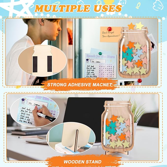 Magnetic Reward Jar, Star Reward Jar Set for Kids Potty Training Reward Jar System for Classroom, Magnetic Reward Jar for Classroom Board Behavior Management Home Reward Jar (Natural Wood)