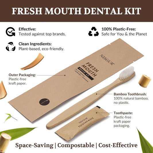 Disposable Toothbrush with Toothpaste Kit 100 Pack Bamboo Toothbrush with Pre-Pasted Set Eco and Non Plastic Individually Wrapped Hotel Supplies and Toiletries for Guests