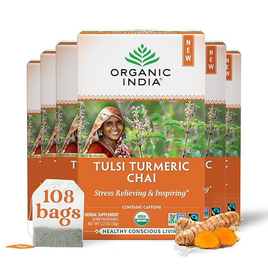 Organic India Tulsi Turmeric Chai Tea - Herbal Tea Bags with Caffeine, Ginger Root, Cinnamon, Holy Basil, Stress Relieving and Energizing, Immune Support, Helps Digestion - 18 Count, Pack of 6