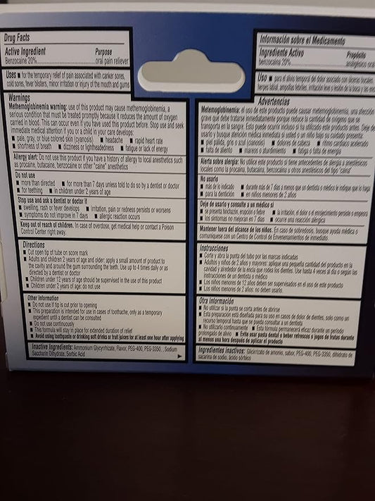 Toothache Gel, 20% Benzocaine Oral Gel for Instant Pain Relief, Oral and Toothache Medicine for Severe Pain, Fast Acting Relief of Cavity and Canker Sores, 0.25oz