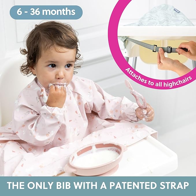 BIBaDO - Long Sleeve Baby Bibs - Babies & Toddlers 6-36 Months - Coverall Baby Led Weaning Bib - Easy Wipe, Soft & Waterproof