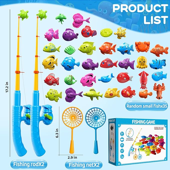 Magnetic Fishing Game Toys for Kids Toddlers 3-5 4-8, Water Table Bathtub Toys with Pole Rod Net Plastic Floating Fish, Water Bath Pool Outdoor Toys for Kids Toddlers Baby Age 3 4 5 6 7 8 Year Old