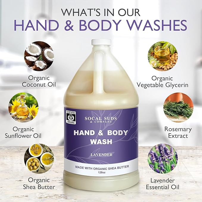 SoCal Suds & Company 128oz Certified Organic Hand & Body Wash w/Shea Butter- Gentle Natural Body,Baby & Face Wash for Sensitive Skin, Moisturizing Thick Castile Soap, Hand Soap and More - Lavender