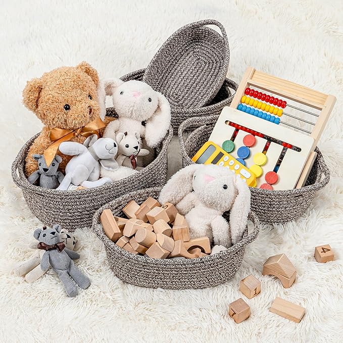 CubesLand Small Cotton Rope Storage Basket Set 5, Shelves Baskets for Organizing with Handle, Decorative Closet Storage Bins for Countertop Toilet Paper Basket for Toilet Tank Top,Mixed Brown Basket