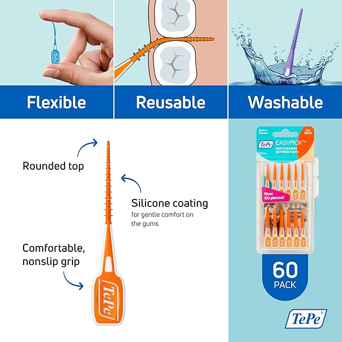 TEPE Dental Floss Picks, Tooth Picks Flossers, Floss Sticks, EasyPicks XS/S, Orange, 60 Pk