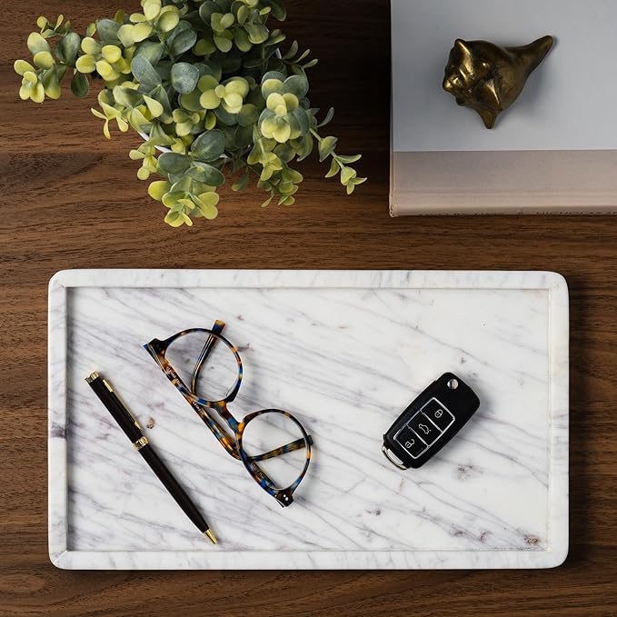 Cork & Mill Marble Tray for Bathroom Countertop, Kitchen Counter, or Catchall - 13" x 7½" Large Vanity Tray for Skincare or Perfume - Handcrafted Natural White Marble Stone Organizer