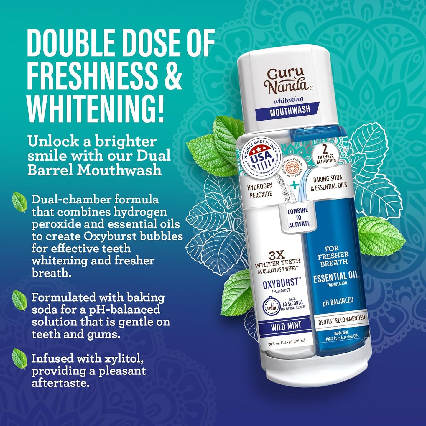 GuruNanda Total Smile Makeover Kit Regular with Cocomint Oil Pulling, Dual Barrel Whitening Mouthwash, Whitening Strips & Butter on Gums Toothbrushes