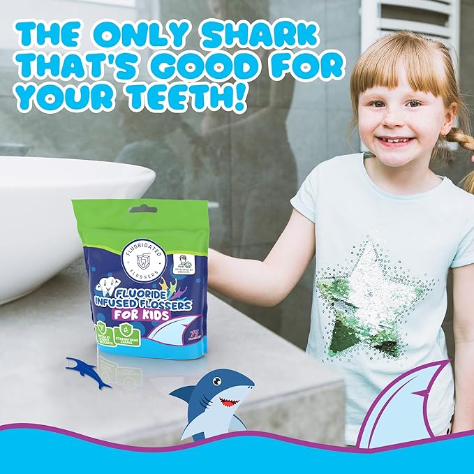 Kids Flossers with Fluoride, Unflavored Floss Picks, Fun Floss with Colorful Shark Shapes. Enhanced Cavity Protection, 225 Count (3 Pack) Children's Flossers. Dentists Designed and Backed by Science