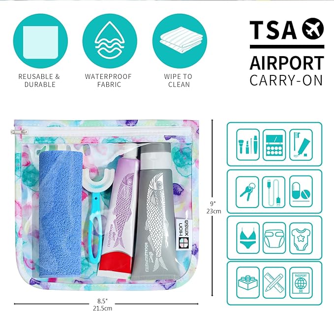 TSA Approved Toiletry Bag, Set of 3 Clear Travel Toiletry Bag Quart Size Zipper Travel Pouch, Waterproof Makeup Cosmetic Bag for Women Men Kids Toiletries Carry on, Watercolor Large