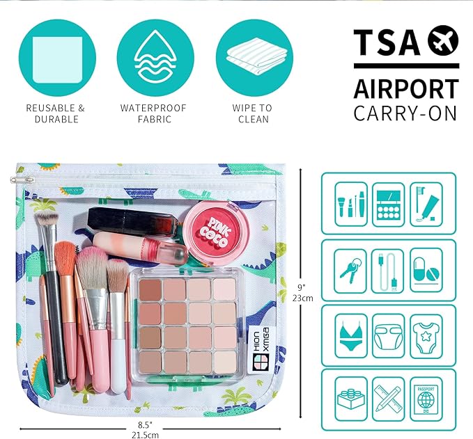 TSA Approved Toiletry Bag, Set of 3 Clear Travel Toiletry Bag Quart Size Zipper Travel Pouch, Waterproof Makeup Cosmetic Bag for Women Men Kids Toiletries Carry on, Dinosaur Large
