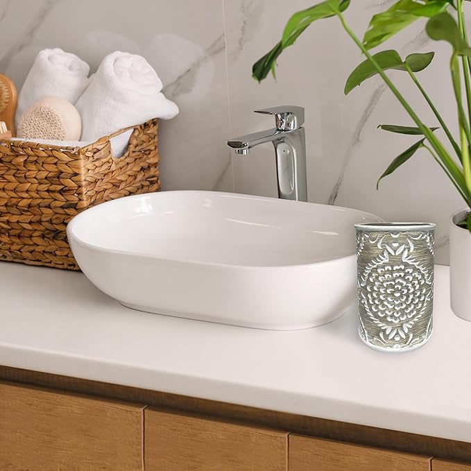 Regal Resin Bathroom Tumbler - Decorative Toothbrush Holder Cup for Bathroom Vanity Organizer and Countertop Decor Beige