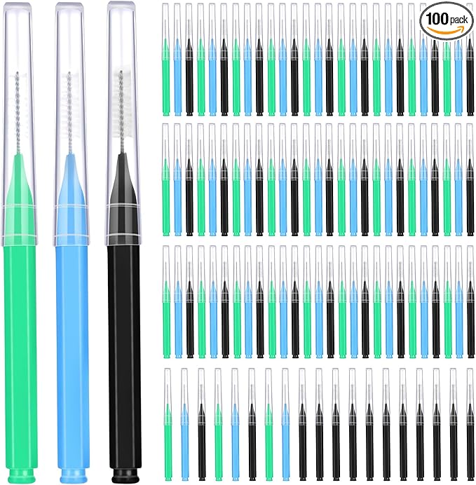 Patelai 100 Pieces Braces Brush for Cleaner Interdental Brush Toothpick Dental Tooth Flossing Head Oral Dental Hygiene Flosser Toothpick Cleaners Tooth Cleaning Tool (Black, Blue, Green)