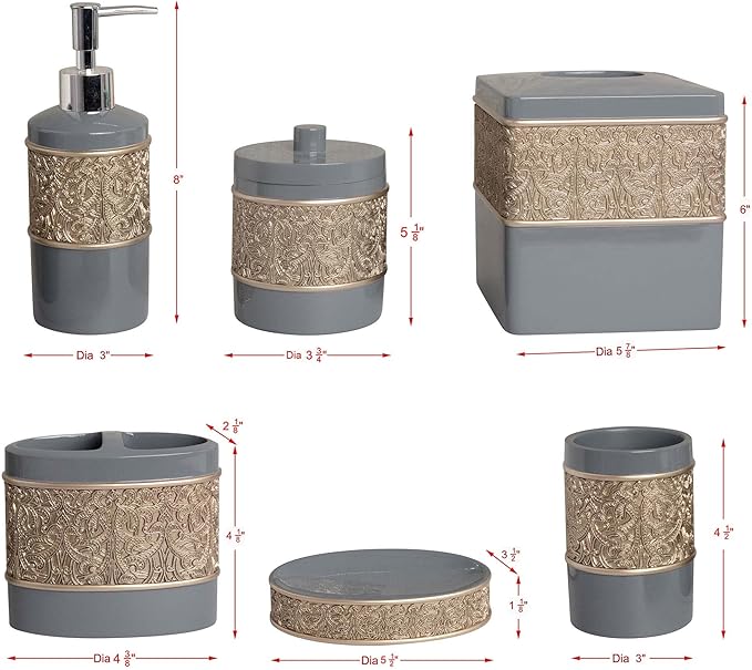 6-Piece Bathroom Accessories Set – Soap Dispenser, Toothbrush Holder, Tumbler, Soap Dish, Cotton Swab Jar & Toilet Brush – Modern Bathroom Decor Set (Gold Grey)