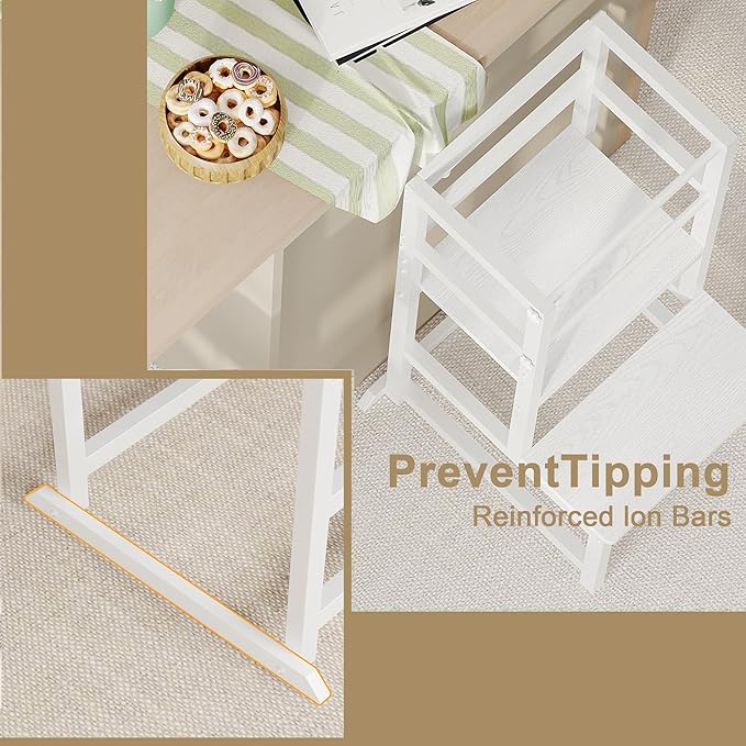 Kitchen Step Stool for Toddlers, Height Adjustable Toddler Tower with Safety Rail, Steel and Wood Toddler Kitchen Stool Helper Kids, Stool for Kids, Learning Tower, Kids' Desk White