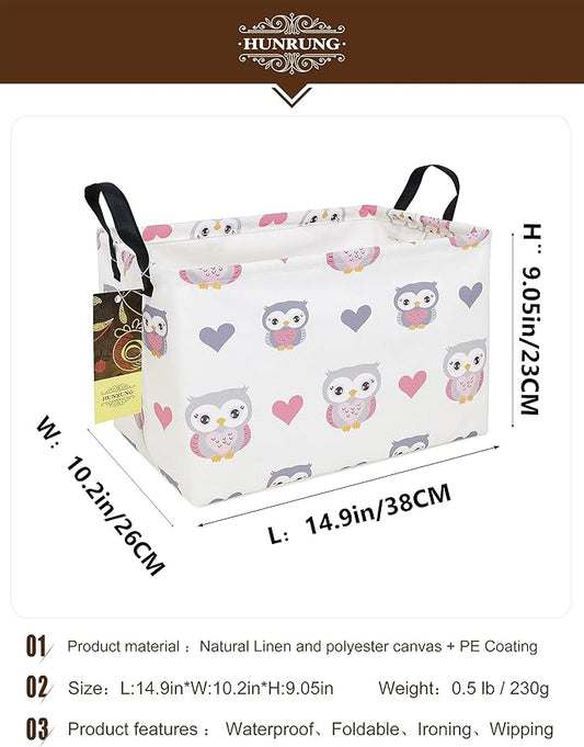 HUNRUNG Rectangle Storage Basket Cute Canvas Organizer Bin for Pet/Children Toys, Books, Clothes Perfect for Rooms/Playroom(Rec-Love Owl)