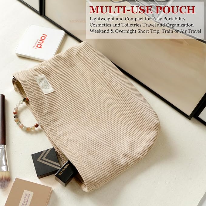 HAPPYHEIDI Creamy Light Khaki Corduroy Makeup Bag Cosmetic Toiletry Travel Pouch, Make Up Accessory Purse Organizer, Canvas Lined