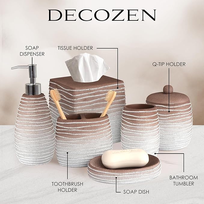 6-Piece Bathroom Accessories Set – Soap Dispenser, Toothbrush Holder, Tumbler, Soap Dish, Cotton Swab Jar & Toilet Brush – Modern Bathroom Decor Set (Antonetta)