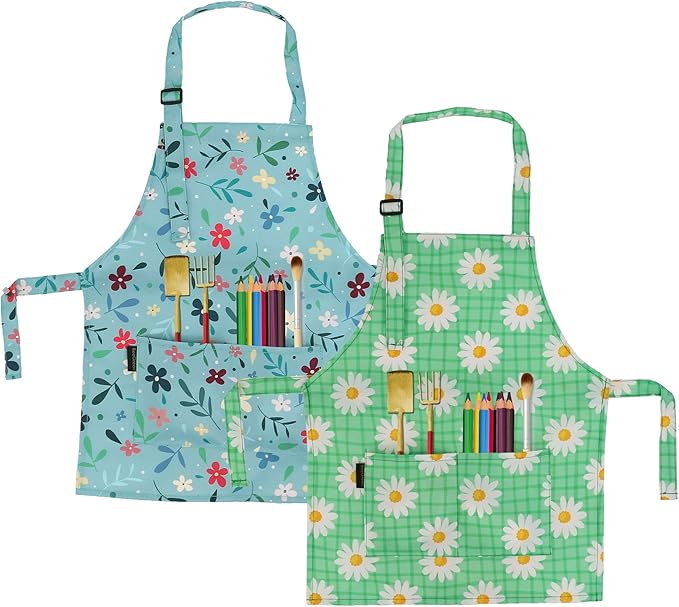 BeeGreen Kids Cooking Aprons w Adjustable Strap Kitchen Aprons w Front Pocket for Kids Toddler Painting Baking Artist