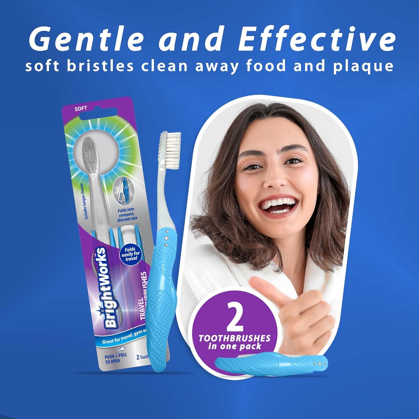 BrightWorks Folding Travel Toothbrush (6 Total, 3 Sets of 2) with Built-in Cover. Portable with Soft Bristles and Tongue Cleaner. for Camping, Hiking, Travel, Work, Gym, Purse, Backpack.